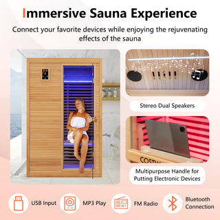 2-Person Far Infrared Wooden Sauna Room with Free Red Light Therapy for Home