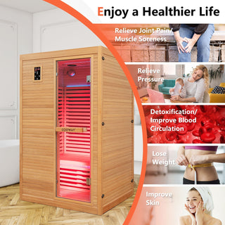 2-Person Far Infrared Wooden Sauna Room with Free Red Light Therapy for Home